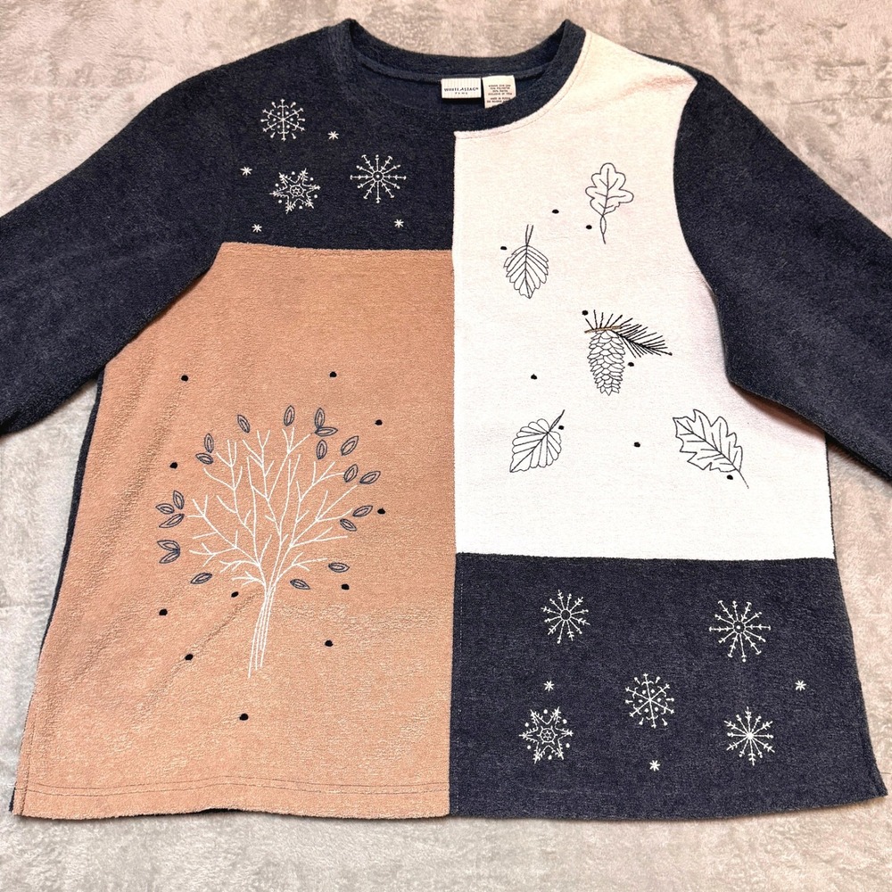 White‎ Stag Plus 22W/24W Patchwork Winter Top Snowflakes Embroidered Pullover
